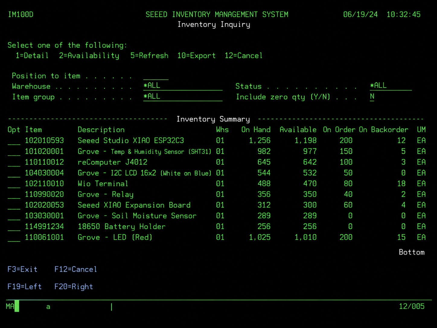 Legacy AS/400 inventory inquiry green-screen